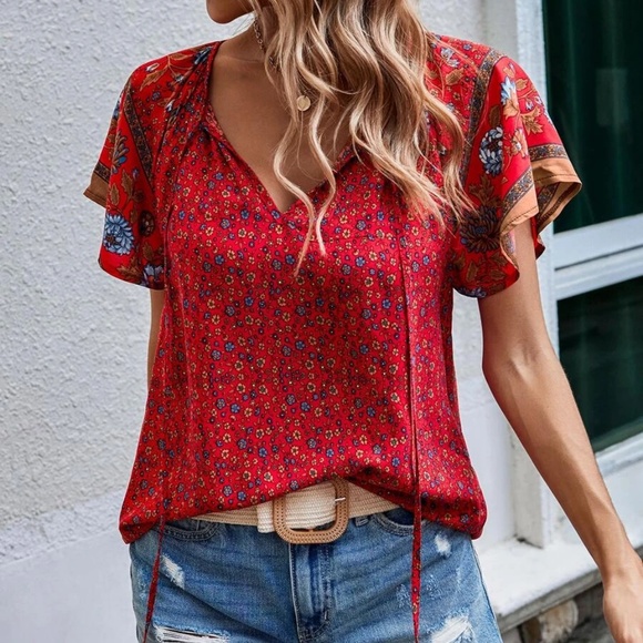 15 Boho Floral Print Butterfly Sleeve Top - Picture 3 of 4